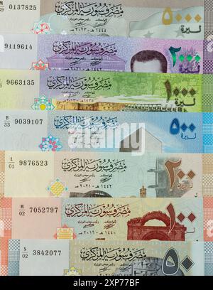 Syrische Lira-Banknoten mit unterschiedlichen Stückelungen von 50, 100, 200, 500, 1000, 2000 und 5000 isoliert auf weißem Hintergrund Stockfoto