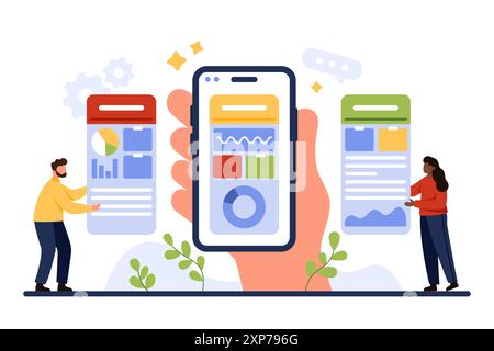 Projektmanagement und -Planung, Scrum Task Board in mobiler Anwendung. Riesige Hand, die Telefon mit Kanban visuelle Methode App auf dem Bildschirm hält, um mit winzigen Leuten Cartoon Vektor Illustration zu arbeiten Stock Vektor