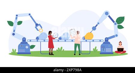 Ingenieure, die eine automatisierte Produktionslinie beaufsichtigen und innovative Produkte entwickeln. Roboterarme und Förderband in einer High-Tech-Umgebung Vektor-Illustration. Stock Vektor