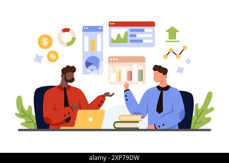 Geschäftstreffen mit Finanzberater, Rechtsberatung von Fachanwälten, Buchhalter. Bürokommunikation kleiner Menschen am Tisch, Hilfe eines Experten in der Kartenanalyse Cartoonvektorillustration Stock Vektor