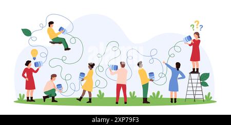 Vektor-Illustration von winzigen Menschen, die Busch-Telegraphen für die Kommunikation verwenden, wobei traditionelle Methoden, Kreativität und Teamarbeit bei der Übermittlung von Botschaften betont werden. Stock Vektor