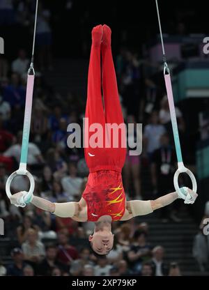 Paris, Frankreich. August 2024. Jingyuan Zou aus der Volksrepublik China tritt am Sonntag, den 4. August 2024, bei den Olympischen Spielen 2024 in Paris auf den Ringen auf. Foto: Pat Benic/UPI Credit: UPI/Alamy Live News Stockfoto