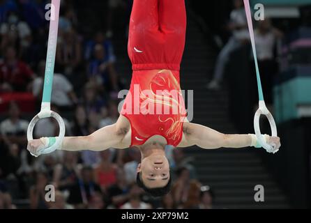 Paris, Frankreich. August 2024. Jingyuan Zou aus der Volksrepublik China tritt am Sonntag, den 4. August 2024, bei den Olympischen Spielen 2024 in Paris auf den Ringen auf. Foto: Pat Benic/UPI Credit: UPI/Alamy Live News Stockfoto