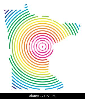 Symbol Karte des Bundesstaats Minnesota (Vereinigte Staaten von Amerika). Abstrakte Karte, die den Zustand mit konzentrischen Kreisen in Regenbogenfarben wie ein Schießen zeigt Stock Vektor