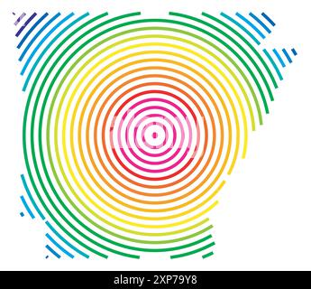 Symbol Map of the State Arkansas (Vereinigte Staaten von Amerika). Abstrakte Karte, die den Zustand mit konzentrischen Kreisen in Regenbogenfarben wie ein Schießen zeigt Stock Vektor