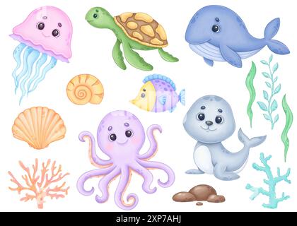 Unterwasser-Clipart mit Tieraquarell Stockfoto