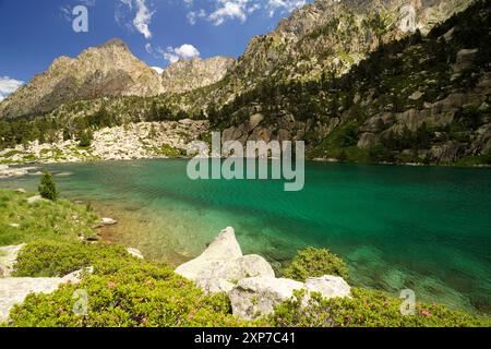 Der See Estany de Monestero im Nationalpark Aigüestortes i Estany de Sant Maurici, Katalonien, Spanien, Europa | Lake Estany de Monestero in Aigüesto Stockfoto