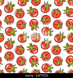 Nahtloses Muster aus roter Tomate in flacher Form. Gemüsedesign für Lebensmittel, Laden, Menü. Vektorillustration auf weißem Hintergrund. Stock Vektor