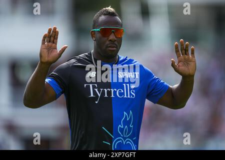 London, Großbritannien. August 2024. Andre Russell von London Spirit würdigt die Fans beim Hundred Match London Spirit Men vs Oval Invincibles at Lords, London, United Kingdom, 4. August 2024 (Foto: Izzy Poles/News Images) in London, United Kingdom, 2024. (Foto: Izzy Poles/News Images/SIPA USA) Credit: SIPA USA/Alamy Live News Stockfoto