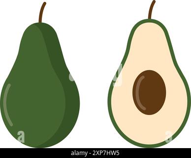 Vector-Avocado-Essenssymbol. Avocadofrüchte, ganz und halb. Avocado-Illustration im flachen Minimalismus-Stil. Stock Vektor