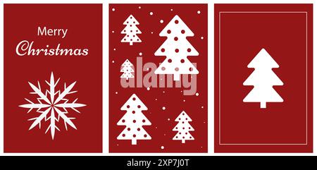 Vorlagen für Geschichten, Poster, Postkarten. Weihnachtsbäume und Schneeflocken auf rotem Hintergrund. Stock Vektor