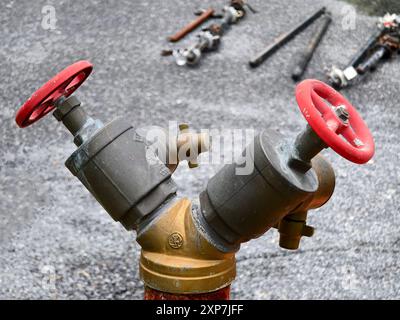 Detaillierte Ansicht eines Hydranten mit leuchtend roten Griffen Stockfoto