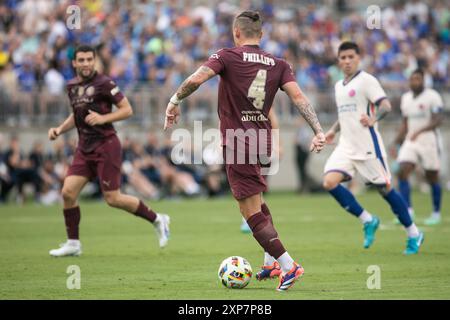 Columbus, Ohio, USA. August 2024. Manchester City Mittelfeldspieler Kalvin Phillips (4). Manchester City spielt Chelsea FC in einem internationalen Freundschaftsspiel im Ohio Stadium. Quelle: Kindell Buchanan/Alamy Live News Stockfoto