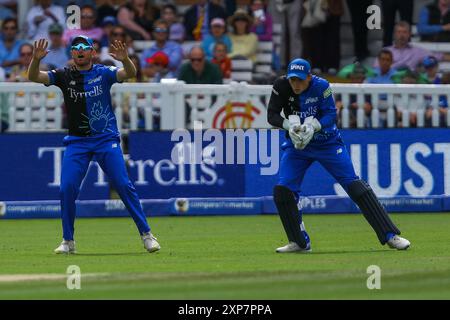 London, Großbritannien. August 2024. Micheal Pepper von London Spirit fängt den Ball beim Hundred Match London Spirit Men vs Oval Invincibles at Lords, London, United Kingdom, 4. August 2024 (Foto: Izzy Poles/News Images) in London, United Kingdom am 8.04.2024. (Foto: Izzy Poles/News Images/SIPA USA) Credit: SIPA USA/Alamy Live News Stockfoto