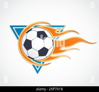 Fußball mit Flammen auf blauem dreieckigem Logo Stock Vektor