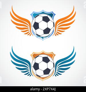 Fußballball mit blauem Logo-Set mit geflügeltem Schild Stock Vektor