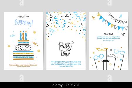 Happy Birthday-Karten in blauen und goldenen Farben. Partyvektorplakate mit Geburtstagskuchen und Konfetti Stock Vektor