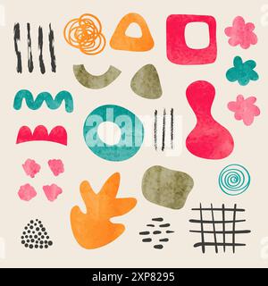 Set aus abstrakten Formen und bunten Objekten in Aquarellen. Trendige zeitgenössische Illustration mit handgezeichneten geometrischen Elementen Stock Vektor