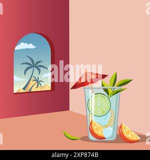 Tropischer Cocktail. Ein Glas Alkohol oder alkoholfreier Cocktail mit Orangen- und Limettenscheiben, und ein roter dekorativer Regenschirm steht vor dem Exotischen Stock Vektor