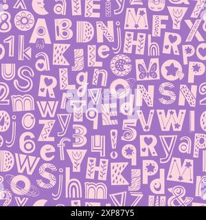 Nahtloses Alphabet-Muster. Handertränke Illustration von Buchstaben und Zahlen Stock Vektor