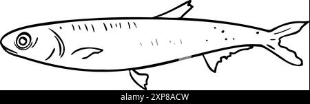 Einzelne Anchovy Schwarz-weiß-Vektor-Illustration isoliert. Frischer Meeresfisch, handgezeichnete Tusche. Einfache Fischsprottenkontur. Sardine in Line Art Stock Vektor