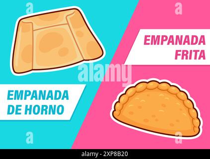 Traditionelle chilenische Empanadas. Spanischer Text: Im Ofen gebackene Empanada und gebratene Empanada. Zeichentrickzeichnung, Vektor-Clipart-Illustration. Stock Vektor