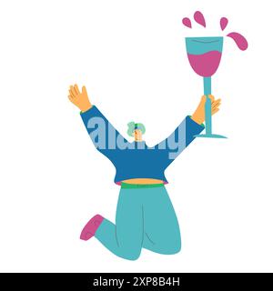 Weinliebhaber. Glückliche Person mit einem riesigen Weinglas. Niedlicher Charakter mit Alkoholgetränk. Vektor-handgezeichnete Illustration isoliert auf weißem Hintergrund. Stock Vektor