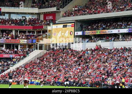 Eindhoven, Niederlande. August 2024. Eindhoven - die Punktzahl beim Johan Cruijff Schaal, dem ersten offiziellen Spiel der Saison 2024/2025 zwischen PSV und Feyenoord. Der Johan Cruijff Schaal XXVIII wird am 4. August 2024 im Philips Stadion in Eindhoven ausgetragen. Credit: Box to Box Pictures/Alamy Live News Stockfoto