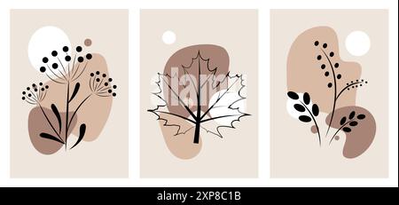 Herbstbotanisches Set verschiedener Pflanzen. Minimalistische und abstrakte Zeichnungen Stock Vektor