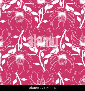 Einfaches grafisches nahtloses Muster von weißen Magnolienblüten auf rosafarbenem Hintergrund, Textur Stockfoto
