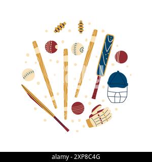 Cricket Circle Emblem. Sportausrüstung. Fledermäuse, Crickethelm, Wickets und Bälle. Vektor Hand gezeichnet flache Sammlung Illustration isoliert auf weiß Stock Vektor