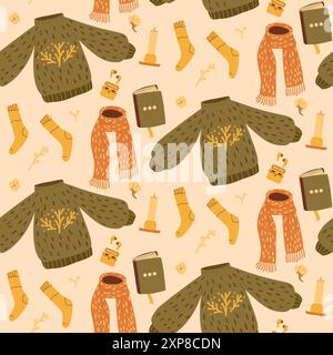 Nahtloses Kleidungsmuster. Pullover, Socken, Schal und Ohrhörer mit duftenden Kerzen endlosen Hintergrund. Gemütliches, herbstliches Wiederholungscover. Fortlaufender Orname Stock Vektor