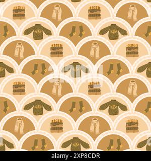 Nahtloses Strickmuster mit Muschelmuster. Pullover, Schal, Socken und ein Stapel von Kleidungsstücken, die den Hintergrund wiederholen. Kuschelige, warme Freizeitbekleidung im Retro-Design. V Stock Vektor