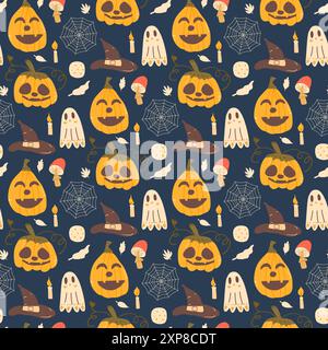 Nahtloses Halloween-Muster. All Hallows' Eve kontinuierlicher Hintergrund. Kürbisse, Feiertagsgeister, Netze und festliche Elemente wiederholen die Oberfläche. Jack o Laterne, Stock Vektor