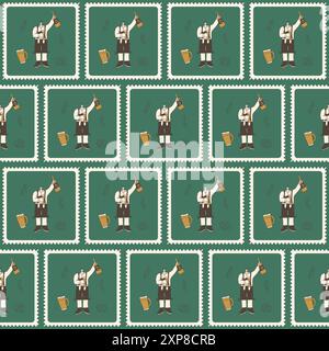 Nahtloses Oktoberfest-Karomuster. Männlicher Charakter in traditioneller Festivalkleidung bento Box wiederholter Hintergrund. Vektor Hand gezeichnete Doodle Illustratio Stock Vektor