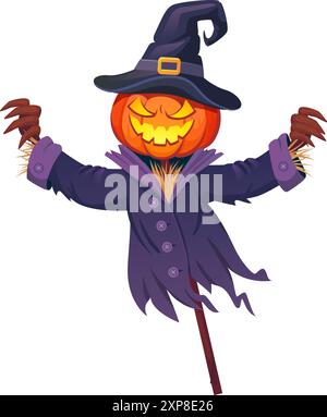 Horror Vogelscheuche mit Kürbiskopf. Cartoon Horror Charakter isoliert auf weißem Hintergrund Stock Vektor