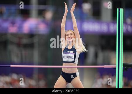 Saint Denis, Frankreich. August 2024. Olympische Spiele, Paris 2024, Leichtathletik, Stade de France, Hochsprung, Frauen, Finale, Elena Kulichenko aus Zypern ist glücklich. Quelle: Michael Kappeler/dpa/Alamy Live News Stockfoto