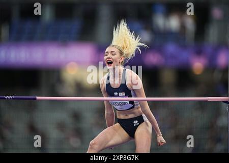 Saint Denis, Frankreich. August 2024. Olympische Spiele, Paris 2024, Leichtathletik, Stade de France, Hochsprung, Frauen, Finale, Elena Kulichenko aus Zypern reagiert. Quelle: Michael Kappeler/dpa/Alamy Live News Stockfoto