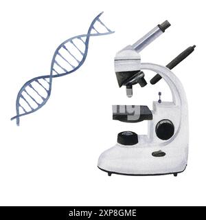 Aquarellmikroskop mit DNA-Gen Hand gezeichnete Illustration isoliert auf weißem Hintergrund für Design, Logos, Karten, Geschäft, medizinische Artikel, Textboo Stockfoto