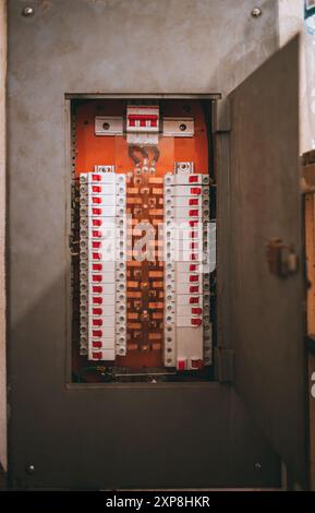 Eine offene elektrische Schalttafel mit zahlreichen Leistungsschaltern und einem übersichtlichen Verdrahtungssystem. Die Leistungsschalter haben rote Schalter und sind symmetrisch angeordnet Stockfoto