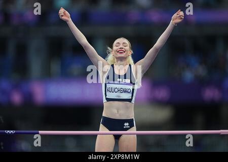 Saint Denis, Frankreich. August 2024. Olympische Spiele, Paris 2024, Leichtathletik, Stade de France, Hochsprung, Frauen, Finale, Elena Kulichenko aus Zypern reagiert. Quelle: Michael Kappeler/dpa/Alamy Live News Stockfoto