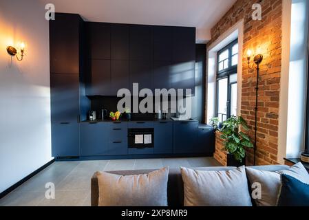 Stilvolle Küche, die nahtlos mit einem gemütlichen Wohnzimmer verbunden ist. Moderne Küche, verbunden mit dem Wohnzimmer in einem kleinen Apartment. Modern eingerichtete Küche Stockfoto