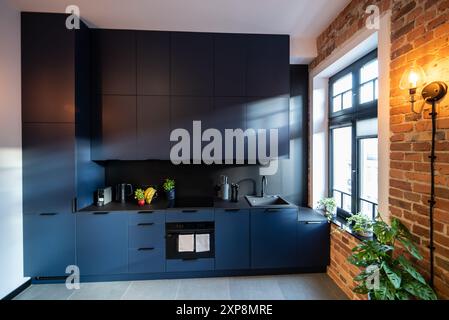 Modern eingerichtete Küche mit Haushaltsgeräten und Esszimmer. Innenraum einer modernen Küche in einem neuen Haus. Esstisch und Stühle in stilvoller Ausführung Stockfoto