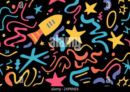 Der Spaß formt das nahtlose Muster für Kinder. Space geometrisches Neon helle Farbe funky groovige 90er Jahre Cartoon isoliertes Druckmuster. Vektorabbildung auf Schwarz Stock Vektor