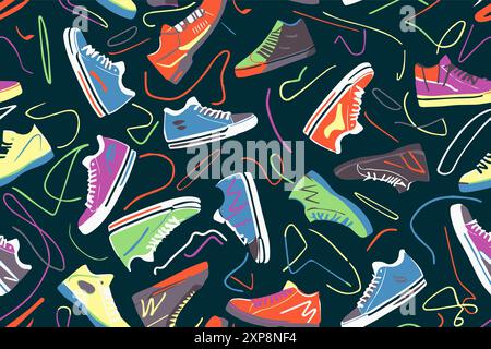 Cartoon Sneakers Schuhe nahtloses Muster. Textildruck Sportbekleidung Outdoor-Aktivitäten. Vektorillustration für Online-Spiele von „Move to Earn“ Stock Vektor