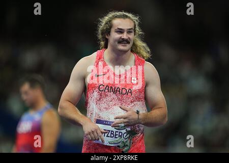 Saint Denis, Frankreich. August 2024. Olympische Spiele, Paris 2024, Leichtathletik, Stade de France, Hammer Throw, Männer, Finale Ethan Katzberg aus Kanada reagiert. Quelle: Michael Kappeler/dpa/Alamy Live News Stockfoto