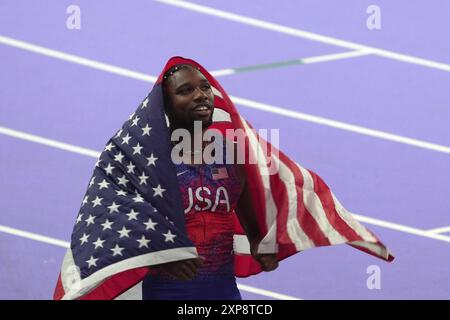 Parigi, Frankreich. August 2024. Noah Lyles der USA beim 100-Meter-Finale der Leichtathletik bei den Olympischen Sommerspielen 2024 am Sonntag, 4. August 2024 in Paris, Frankreich. (Foto: Spada/LaPresse) Credit: LaPresse/Alamy Live News Stockfoto