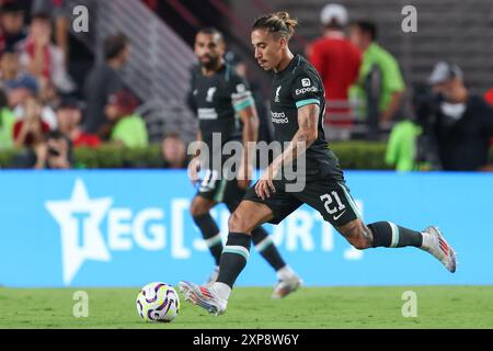 3. August 2024: Liverpool-Verteidiger Kostas Tsimikas (21) während eines Spielfestspiels im Red Match zwischen Manchester United und Liverpool im Williams-Brice Stadium in Columbia, South Carolina. Greg Atkins/CSM Stockfoto