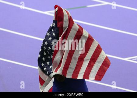 Parigi, Frankreich. August 2024. Noah Lyles der USA beim 100-Meter-Finale der Leichtathletik bei den Olympischen Sommerspielen 2024 am Sonntag, 4. August 2024 in Paris, Frankreich. (Foto: Spada/LaPresse) Credit: LaPresse/Alamy Live News Stockfoto