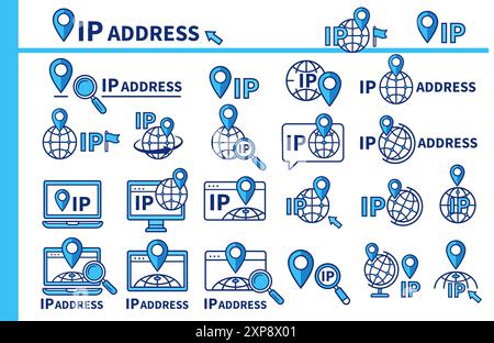 IP-Adresse, Zeiger für die Position des Internetprotokolls, Symbolsatz für die Position der Web-Navigation des Computergeräts. Geolocation des Website-Netzwerks. PIN-Punkt der GPS-Karte Stock Vektor